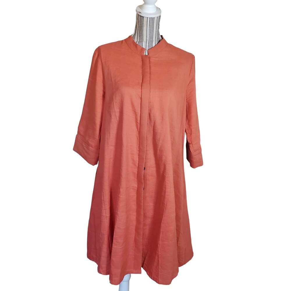 Zuri Kenya Linen Cotton Mandarin Collar Button Down Dress Coral Orange Size M - Picture 2 of 8